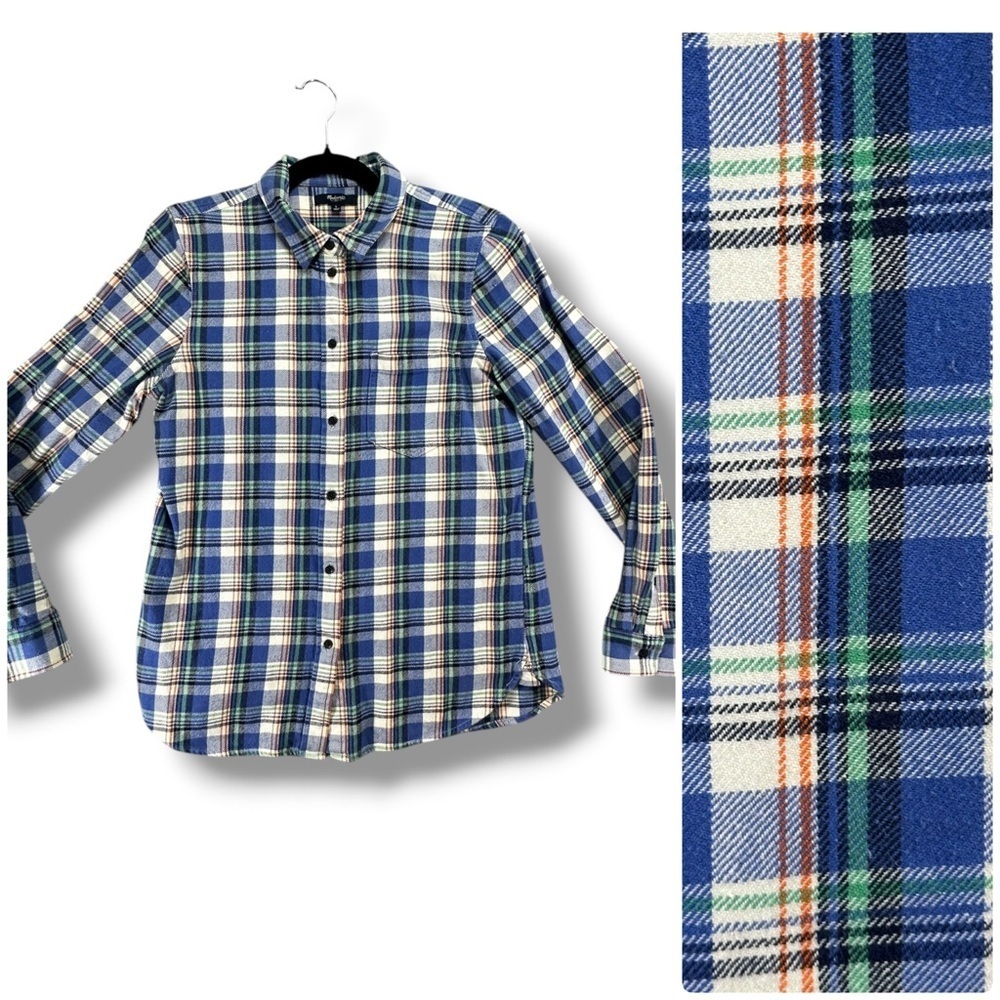 Madewell Ex-Boyfriend Flannel Shirt Size Large 100% Cotton Blue Green Plaid
